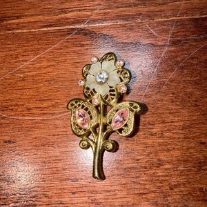Vtg White Lucite Pedal Set W Pink Rhinestones Gold Tone Flower Brooch